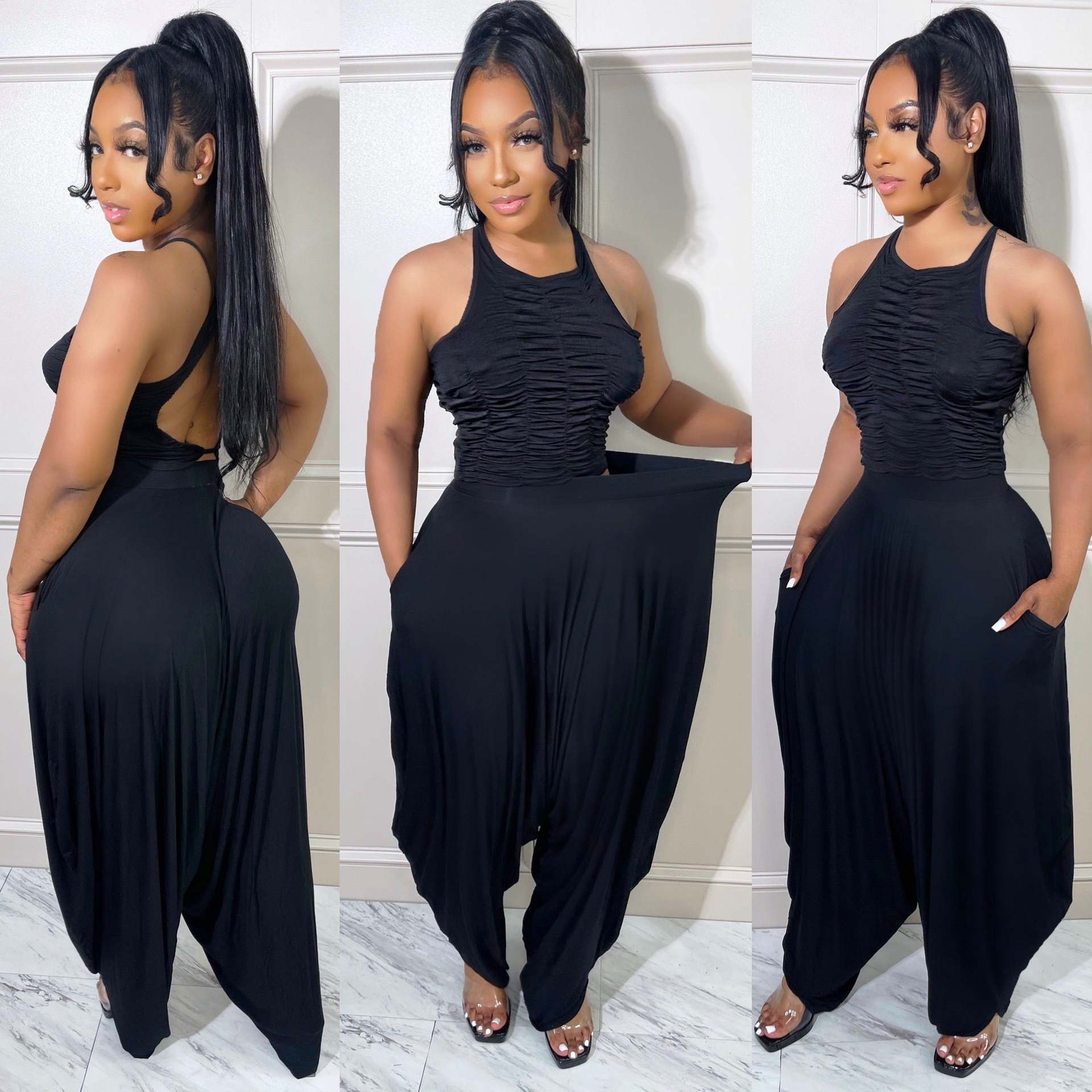 Women summer sexy pleated sleeveless top + wide leg pants two-piece set 8
