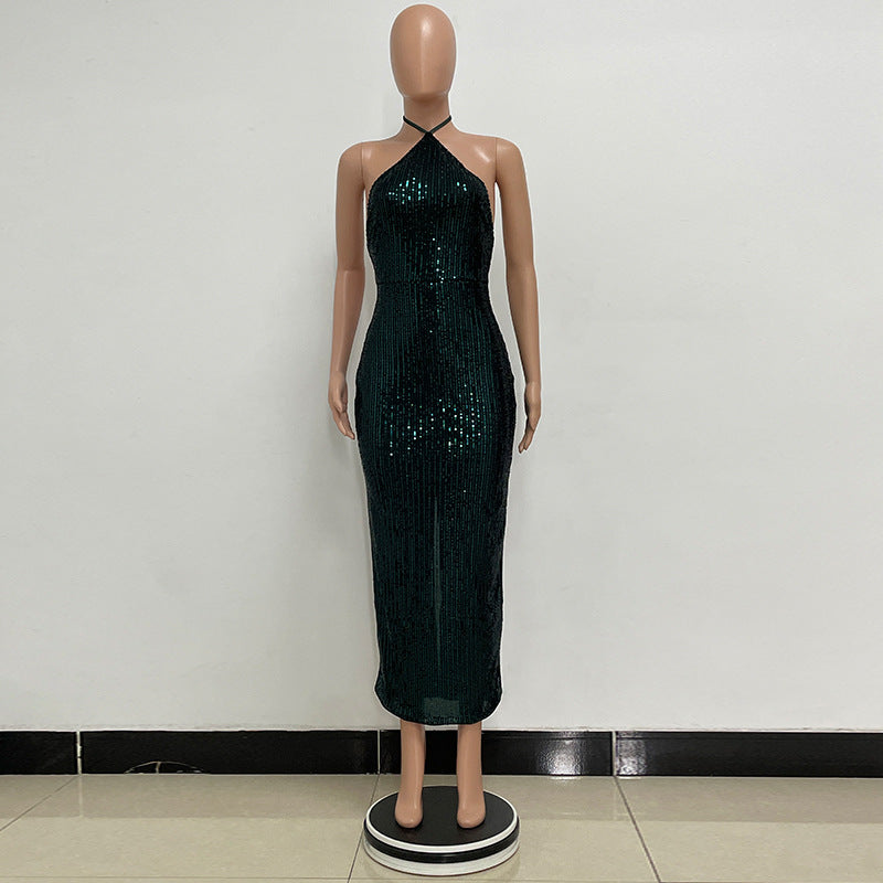 Women sleeveless French split sequin party Evening Dress 15