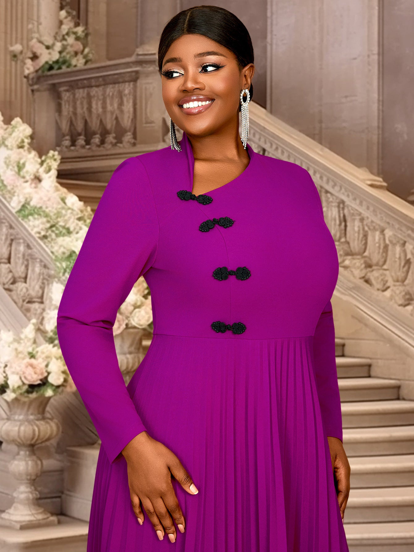 Plus Size Women Ruffles Elegant V-neck Pleated Party Dress 4