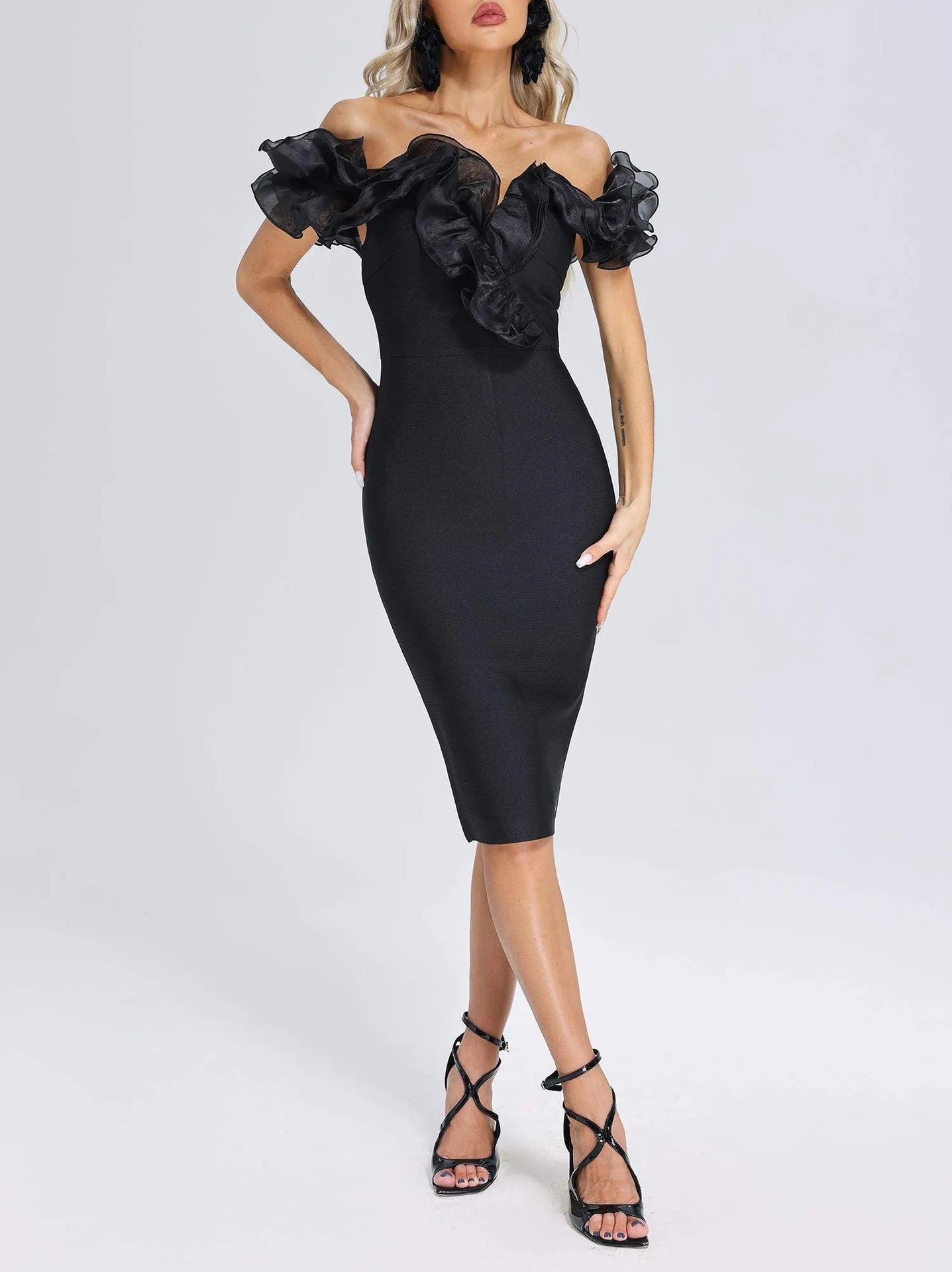 Ruffle Bandage Dress Fashionable And Elegant Off Shoulder Strapless Black Formal Party Dress 7