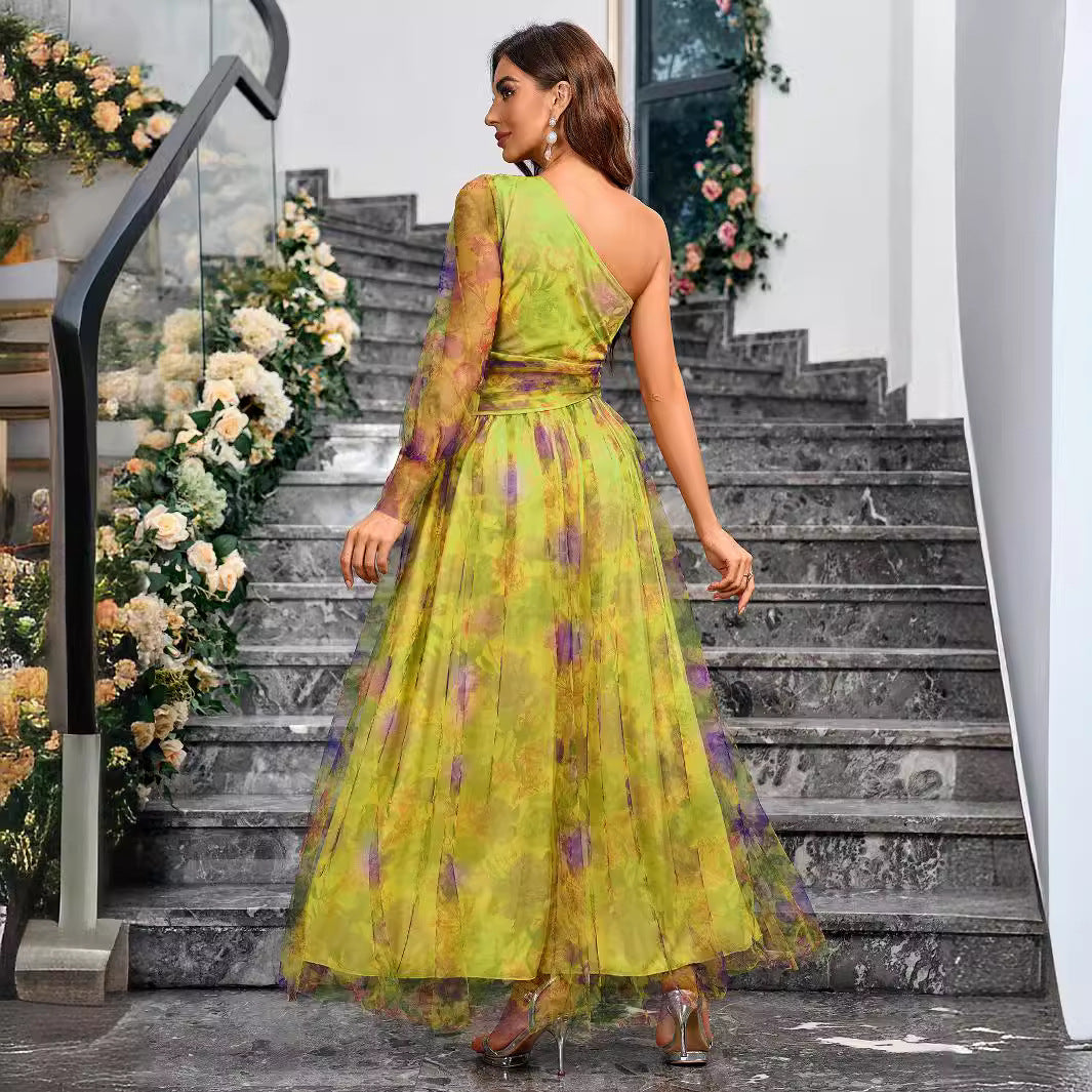 One Shoulder Print Elegant Slim Ladies Dress 3