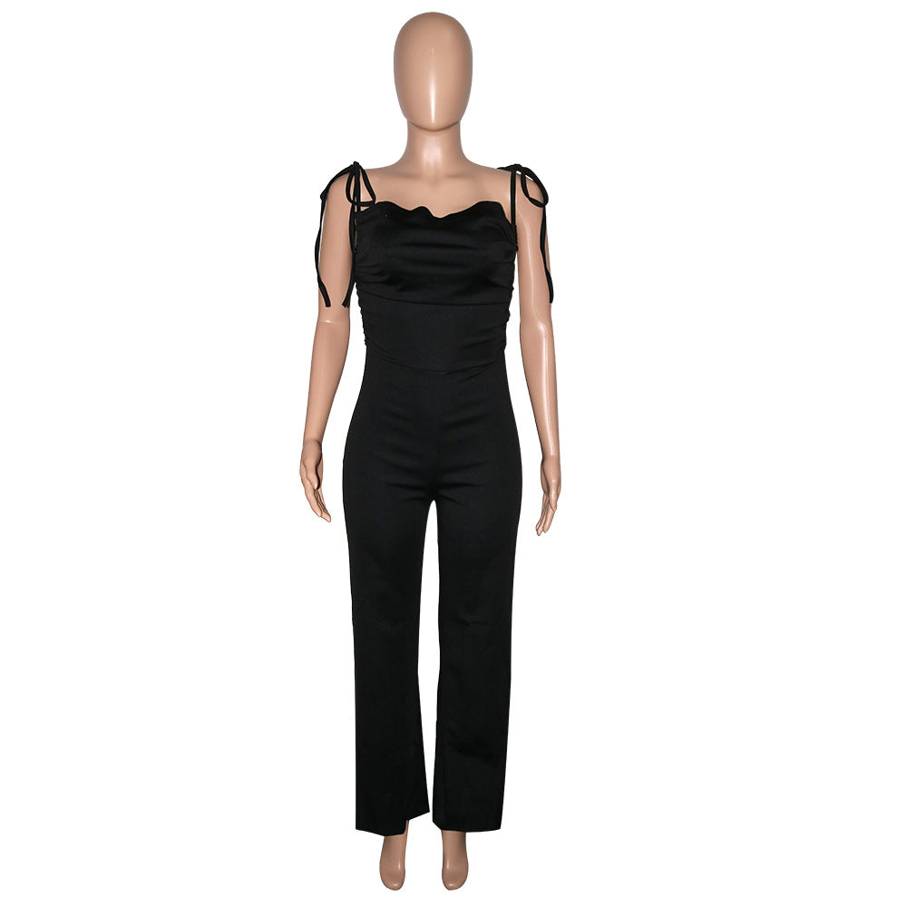 Women Solid Straps Lace-Up Wide Leg Jumpsuit 13