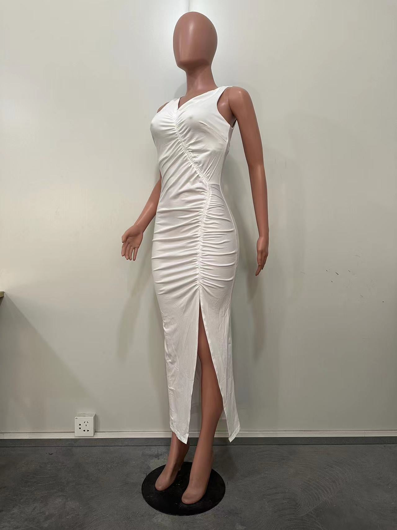 Spring Summer Style Sleeveless Women's Solid Color Slit Long Dress 11