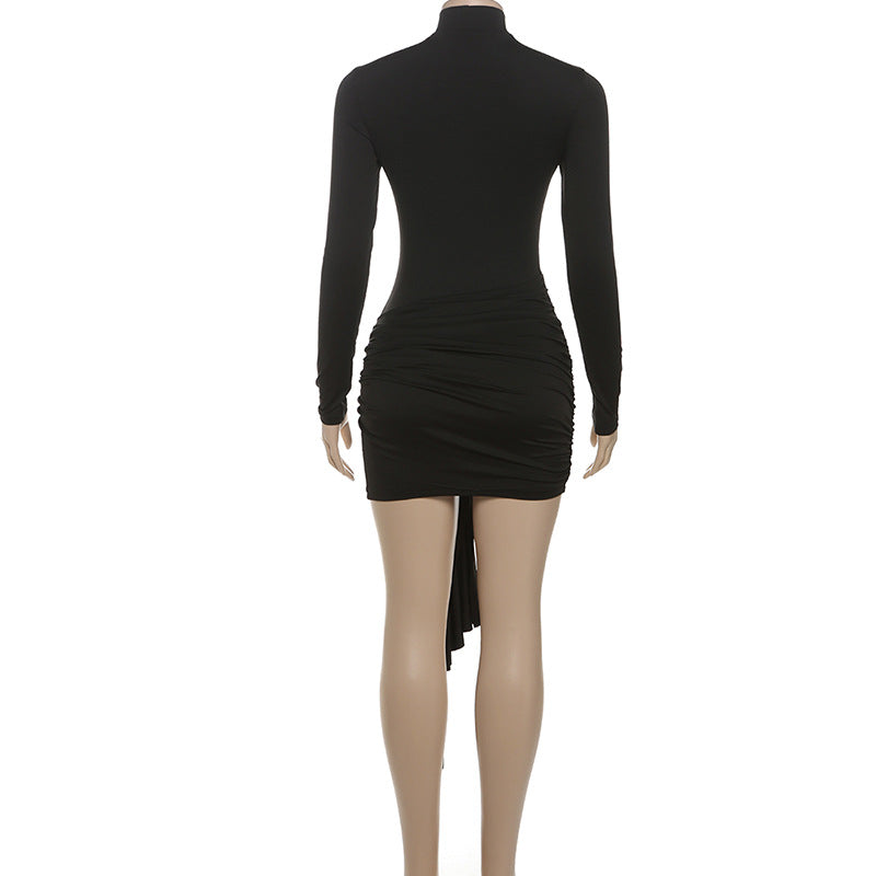 Autumn Fashion Elegant Chic Round Neck Long Sleeve Pleated Patchwork High Waist Bodycon Dress 9