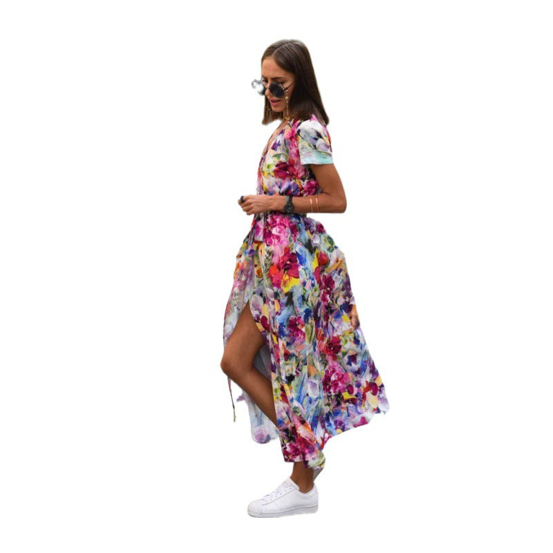 Women's Holidays Polka Dot Print Lace-Up Slim Waist V-Neck Short Sleeve Maxi Dress 7