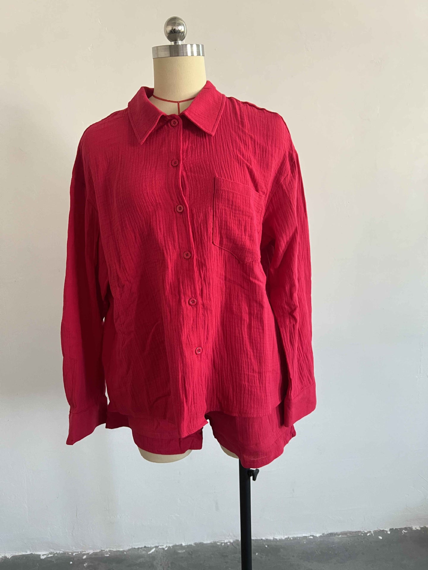 Women's Spring Crinkle Turndown Collar Long Sleeve Shirt High Waist Drawstring Shorts  2PC Set 22