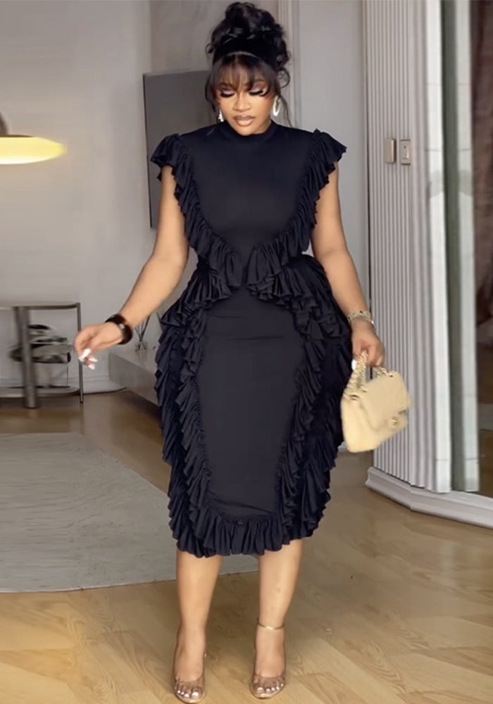 Women summer ruffle solid bodycon dress