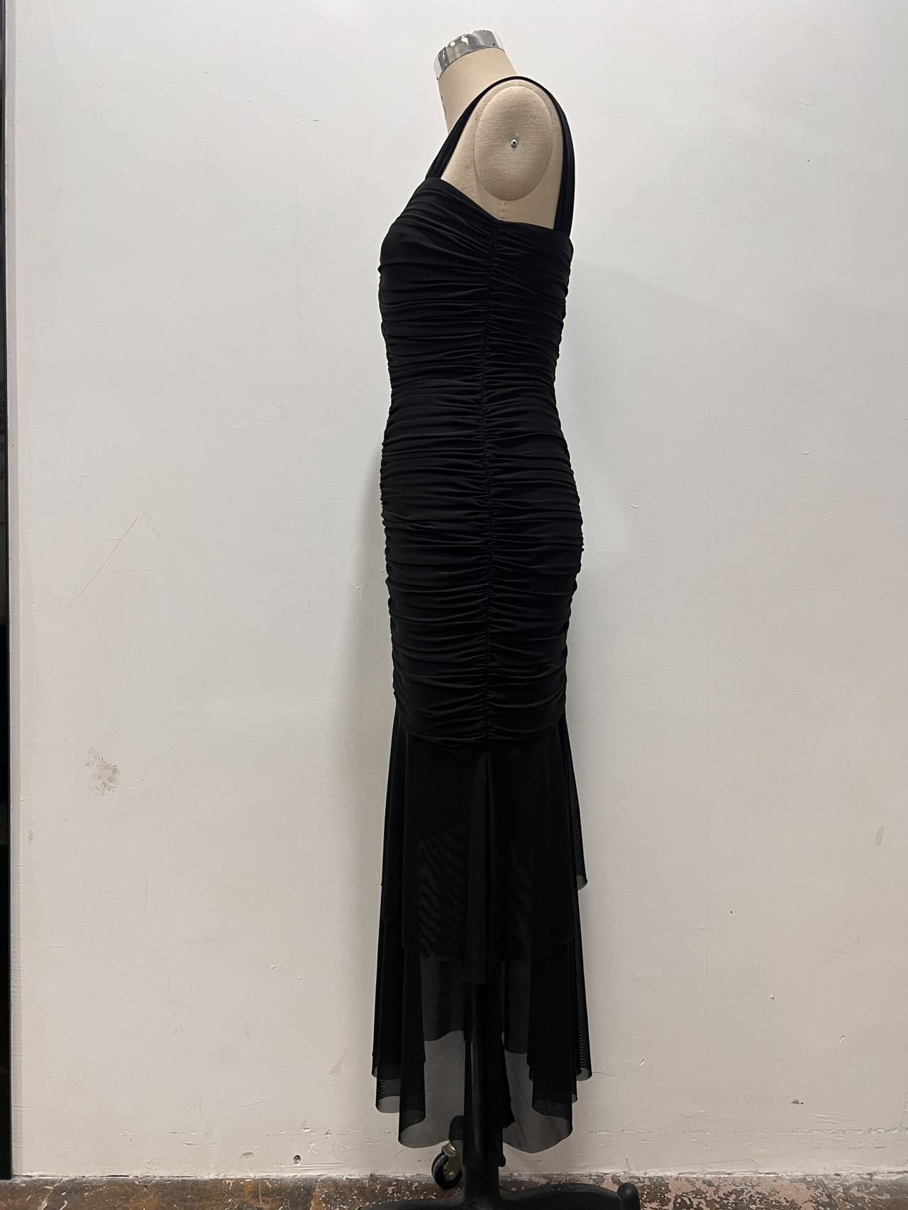 Fashionable Sexy Strap Mesh Patchwork Pleated Fishtail Dress 11