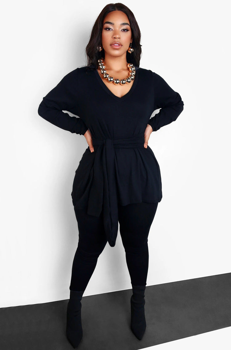 Women Fall and Winter Lace-up Top Long Pants Casual two-piece set 4