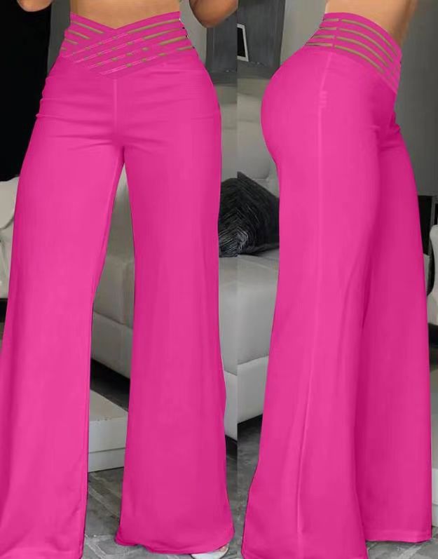 Women Cutout Belt High Waist Casual Wide Leg Pants 5