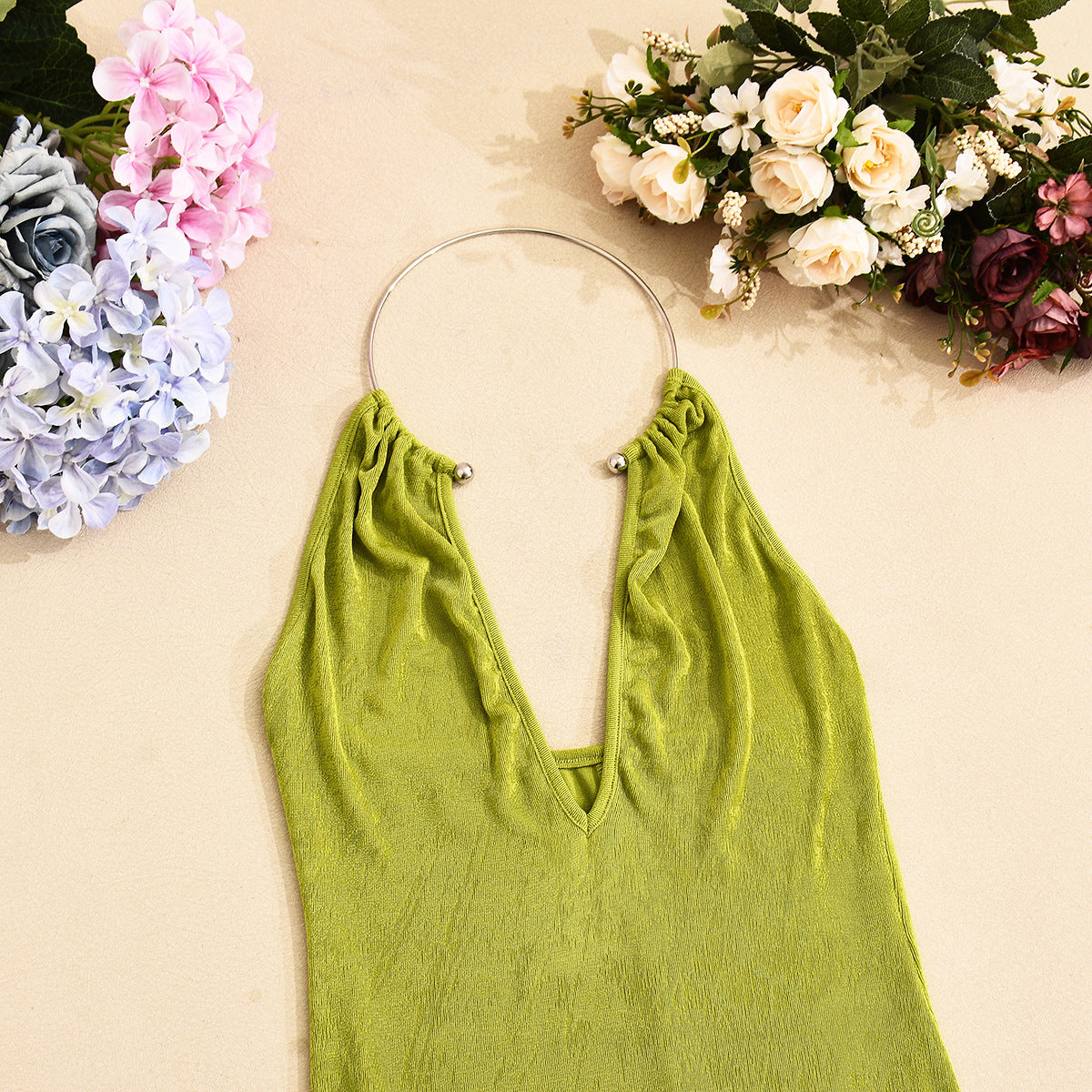 Women Sexy V-Neck Metal Halter Neck Maxi Dress 12