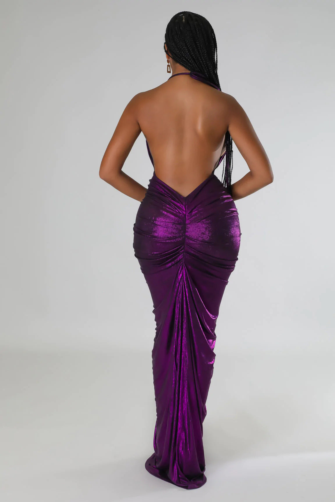 Spring Summer Chic Dress Solid Color Deep v Halter Neck Pleated Sexy Bodycon Dress 12