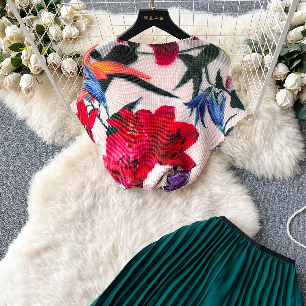 Fashion Women's Short Sleeve Printed Pleated Top High Waisted Slim Fit Wide Leg Pants Two-Piece Set 21