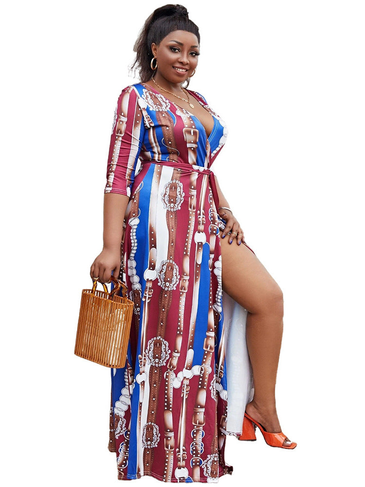 Plus Size Women Sexy V-Neck Half-Sleeve Striped Casual Dress 5