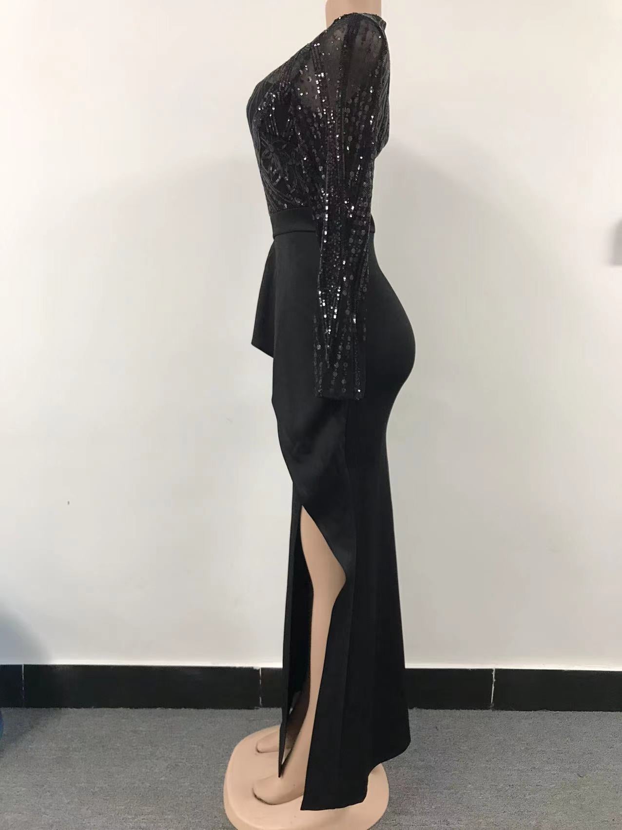 Women Elegant Long Sleeves Sequins Slit Evening Dress 22