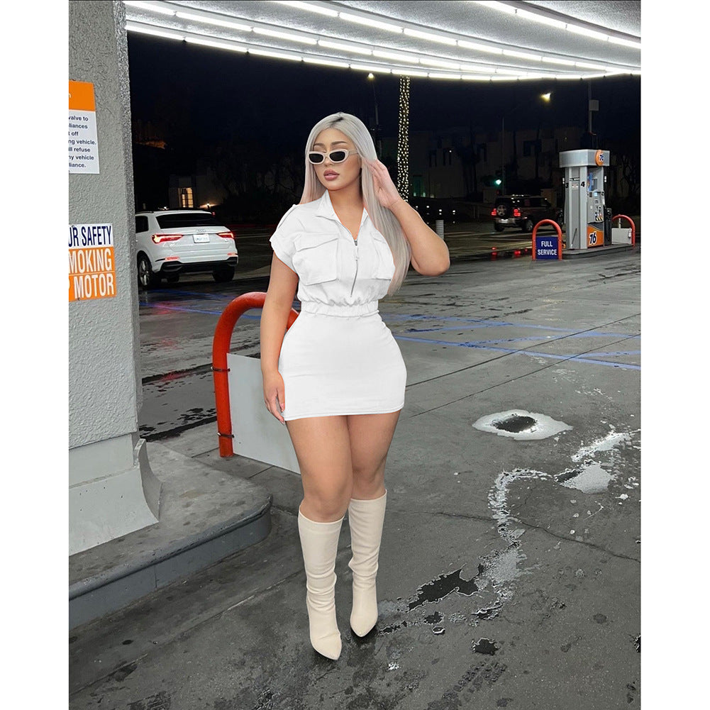 Women'S Summer Stand Collar Solid Color Zipper Short Sleeve Casual Dress