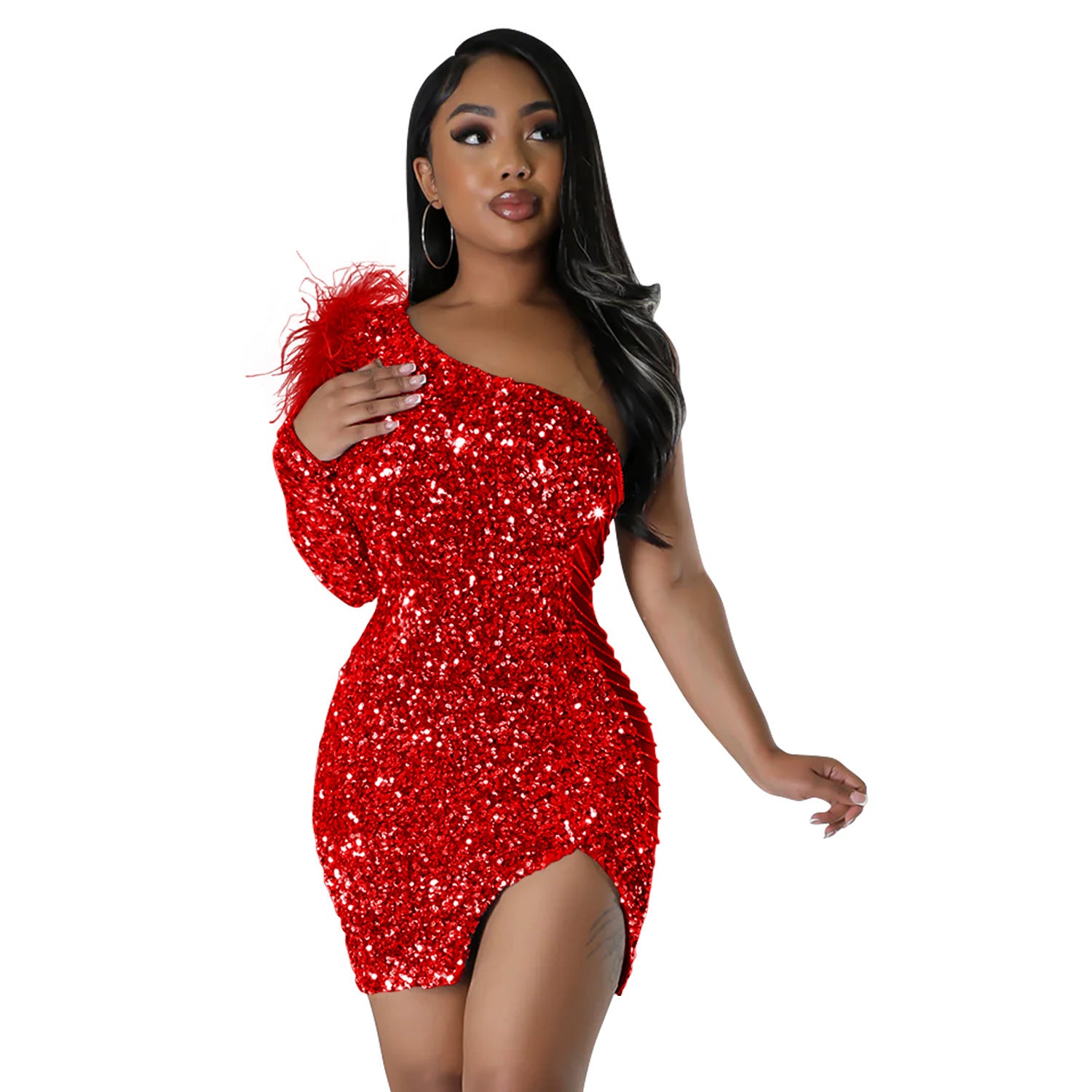 Fashion Women's Sexy One Shoulder Sequin Slit Bodycon Dress 11