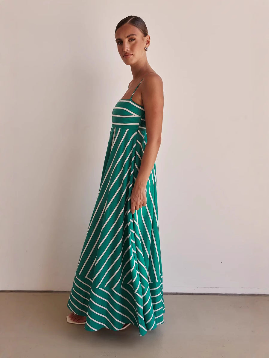 Fashionable Striped Strap High Waist A-Line Long Dress 5