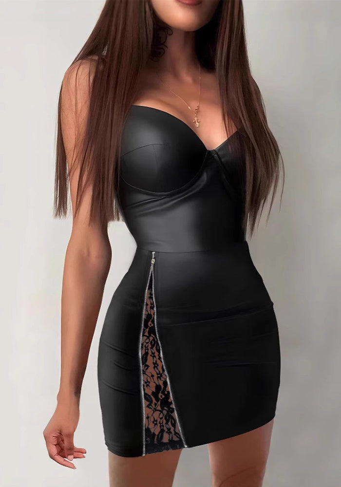 Black Lace Patchwork Pu Leather Tight Fitting Sexy Strap Women Dress