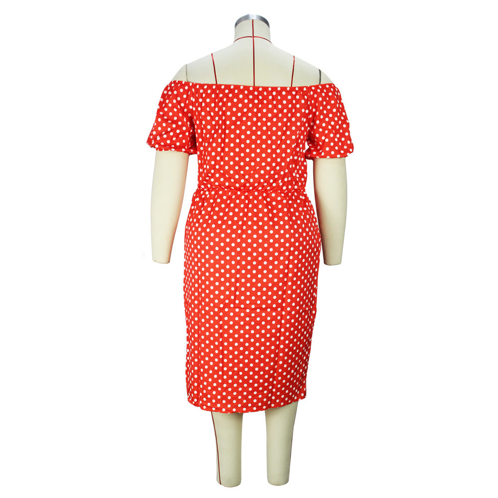 Summer Red Polka Dot Print Puff Sleeve Plus Size Off Shoulder Chic High Dress 6