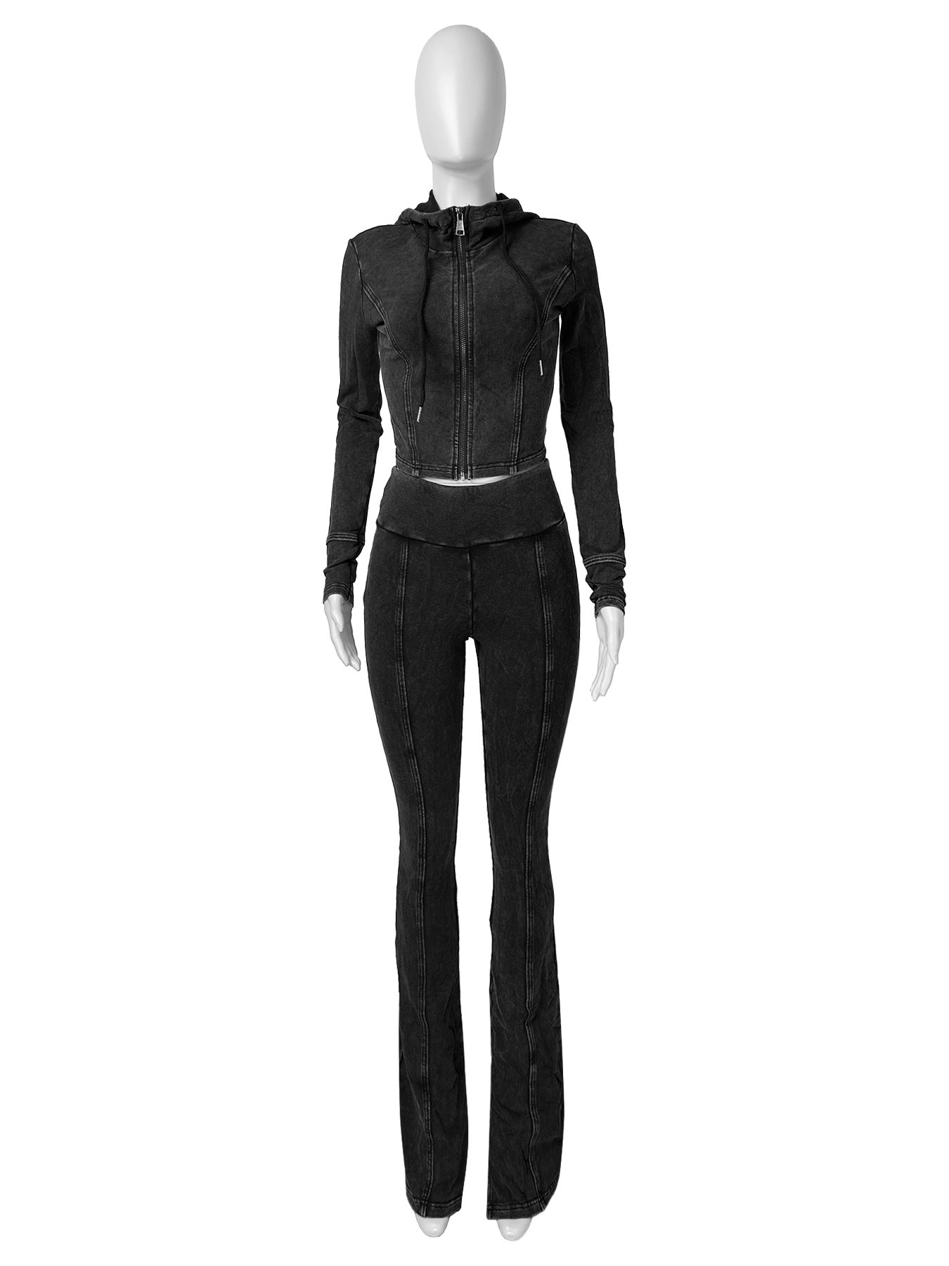 Women Washed Hooded Top and Bell Bottom PantTwo Piece Set 5