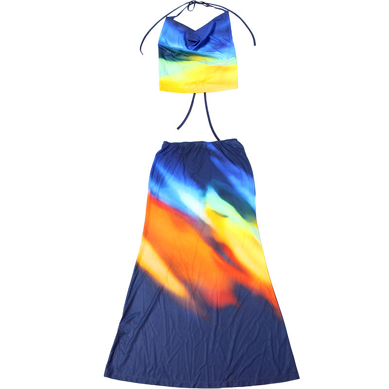 Summer Street Style Print Sleeveless Halter Neck Crop Top & Skirt Set 9