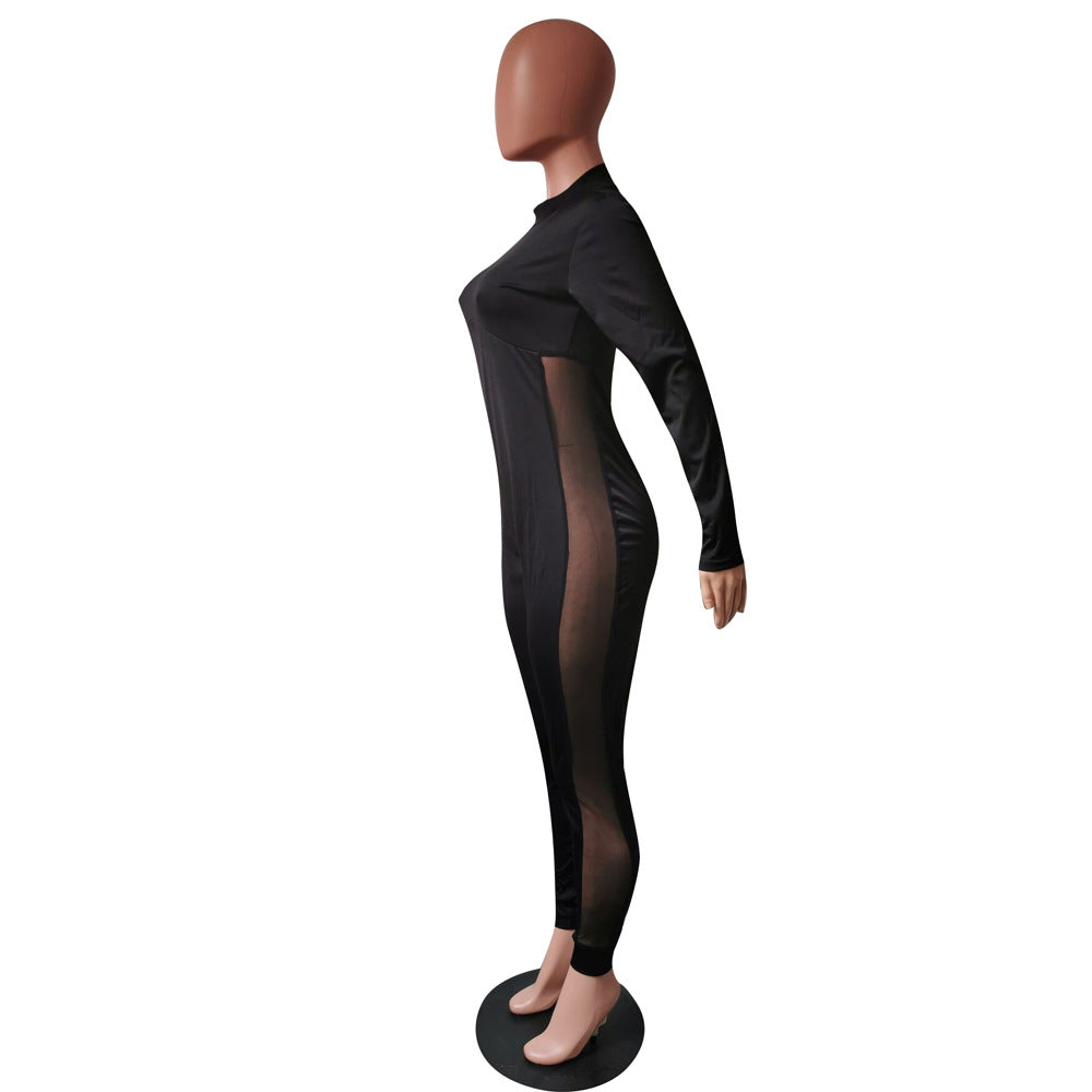 Women's Autumn Winter Sexy Tight Fitting Mesh Patchwork Long Sleeve Jumpsuit 5