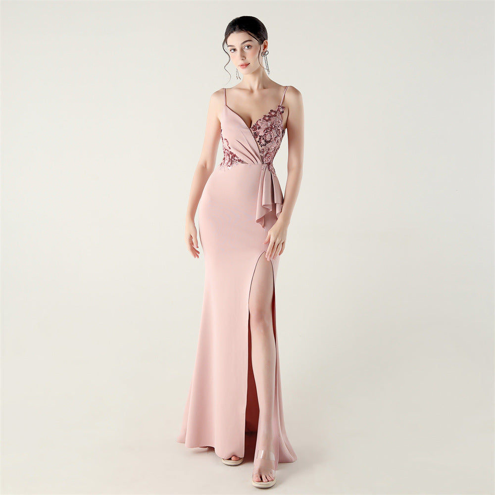 Women beaded tube pleated waist bow embroidery formal party evening dress 11