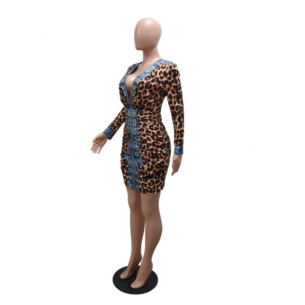 Fashion V-Neck Printed Women's Long Sleeve Bodycon Dress 6