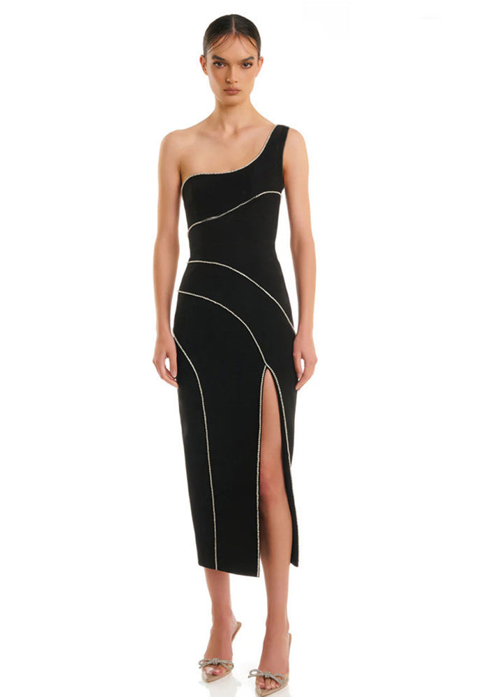 One-shoulder diamond split sexy elegant women's party evening dress