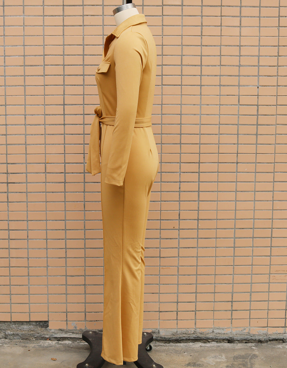 Women Turndown Collar Long Sleeve Bell-Bottom Jumpsuit 16