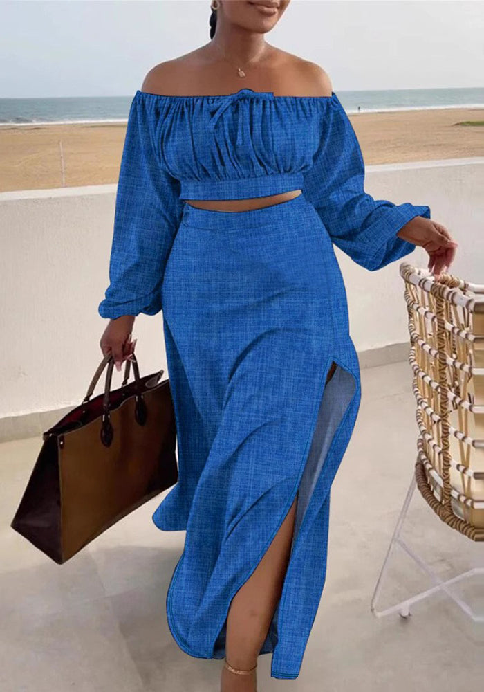 Women Casual Off-Shoulder Slit Top and Long Skirt Two Piece Set