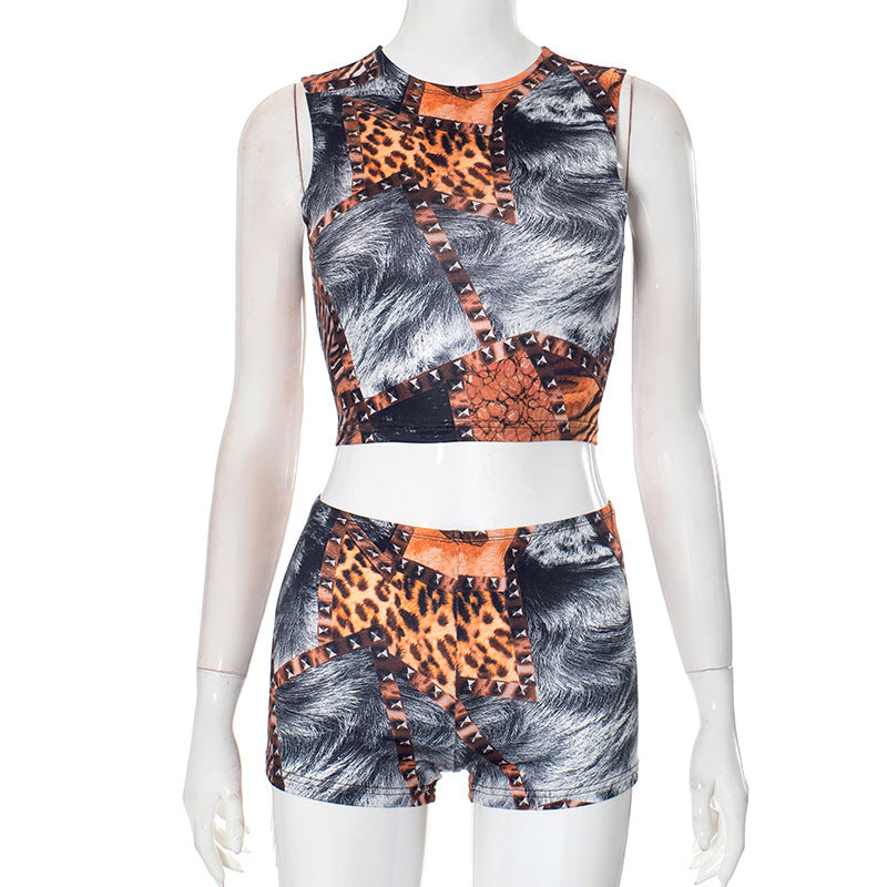 Women Autumn and Winter Leopard Print Sleeveless Crop Top and Shorts Two Piece Set 8