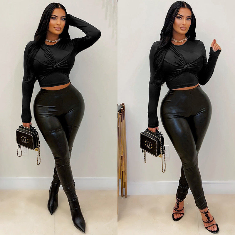 Women long sleeve stretchy pu Leather Top And PantTwo Piece Set
