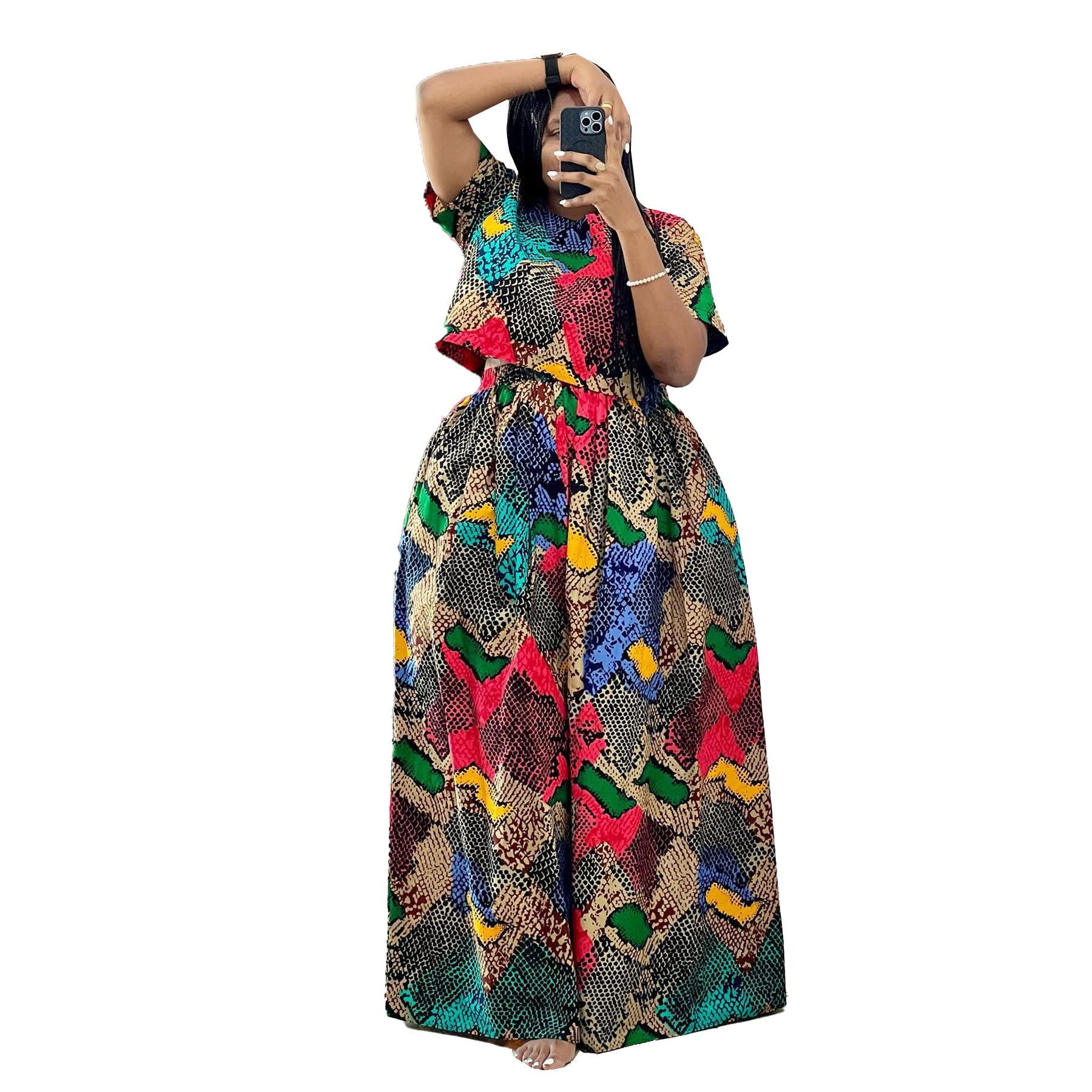 Women Sexy Printed Top and Loose Wide Leg Pants Two-piece Set 11