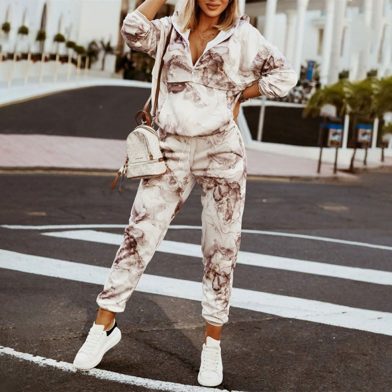 Women Printed Long Sleeve Top and Trousers Two-piece Set 10