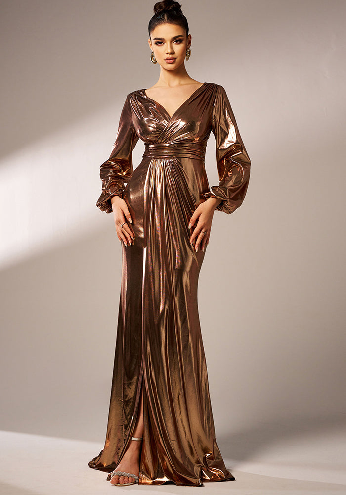Women V-neck long sleeve Shiny Formal Party Bodycon Evening Dress