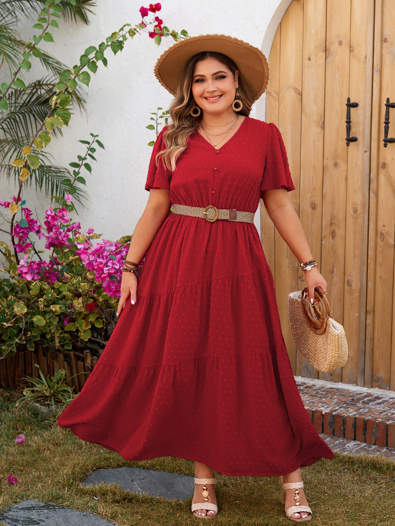 Plus Size Women solid short-sleeved v-neck dress 5