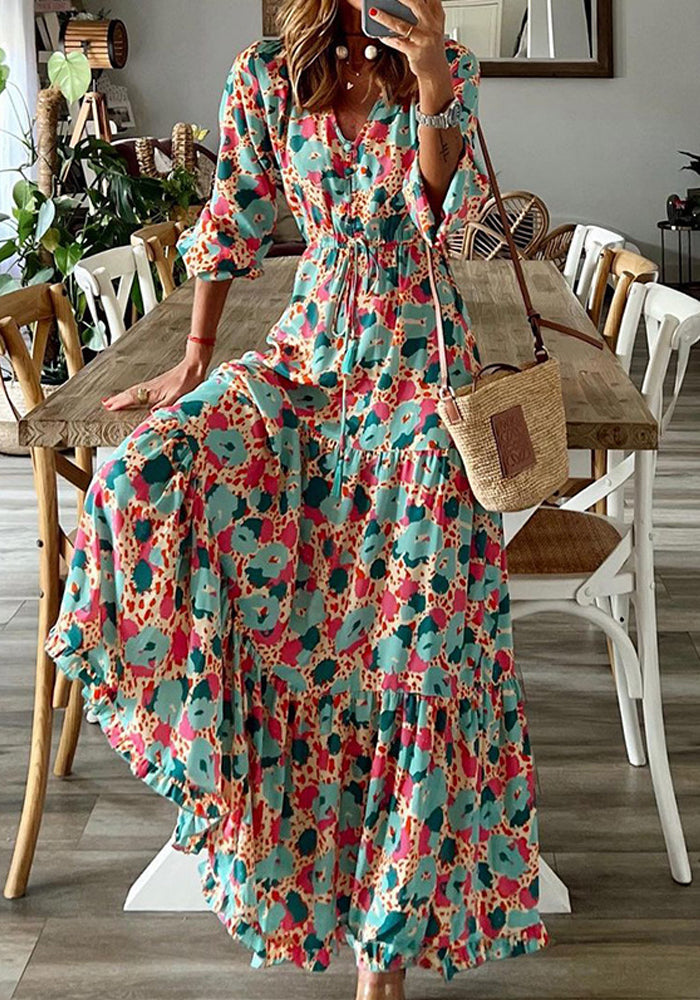 Fall Women V-Neck Long Sleeve Printed Loose Maxi Dress