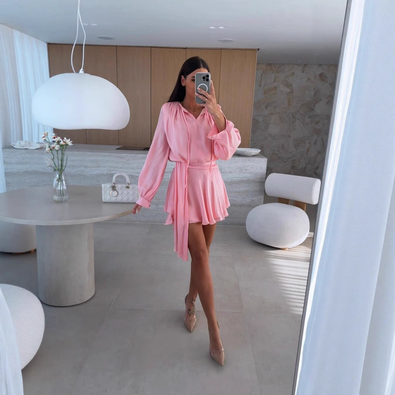 Women solid long sleeve v-neck lace casual dress 8