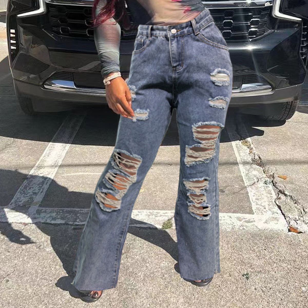 Women Pocket Ripped Straight Washed Denim Pants