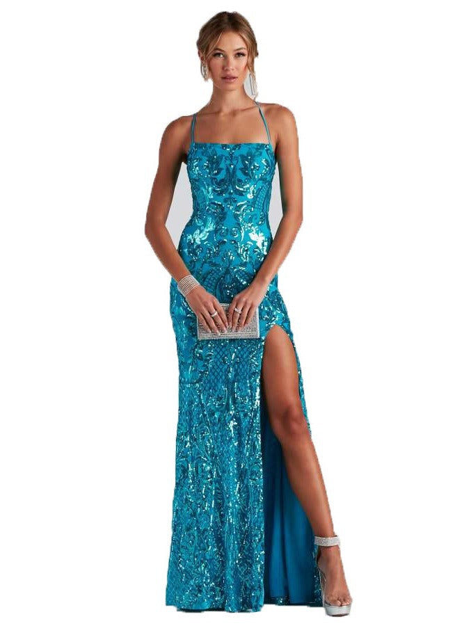 Women Sexy Off Shoulder Sequined Elegant Slit Formal Party Evening Dress 8