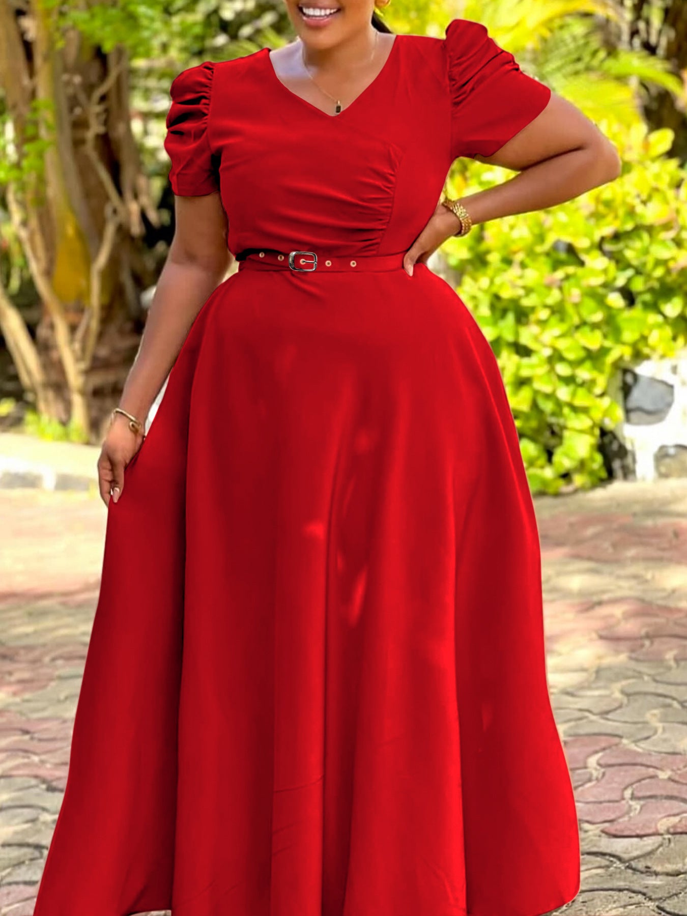 Elegant V-Neck Short Sleeve Solid Color High-Waist Swing Long Dress 9