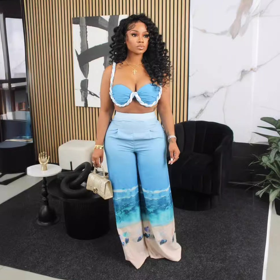 Sexy Strap Bra Top Print Trousers Two-Piece Nightclub Clothes 3