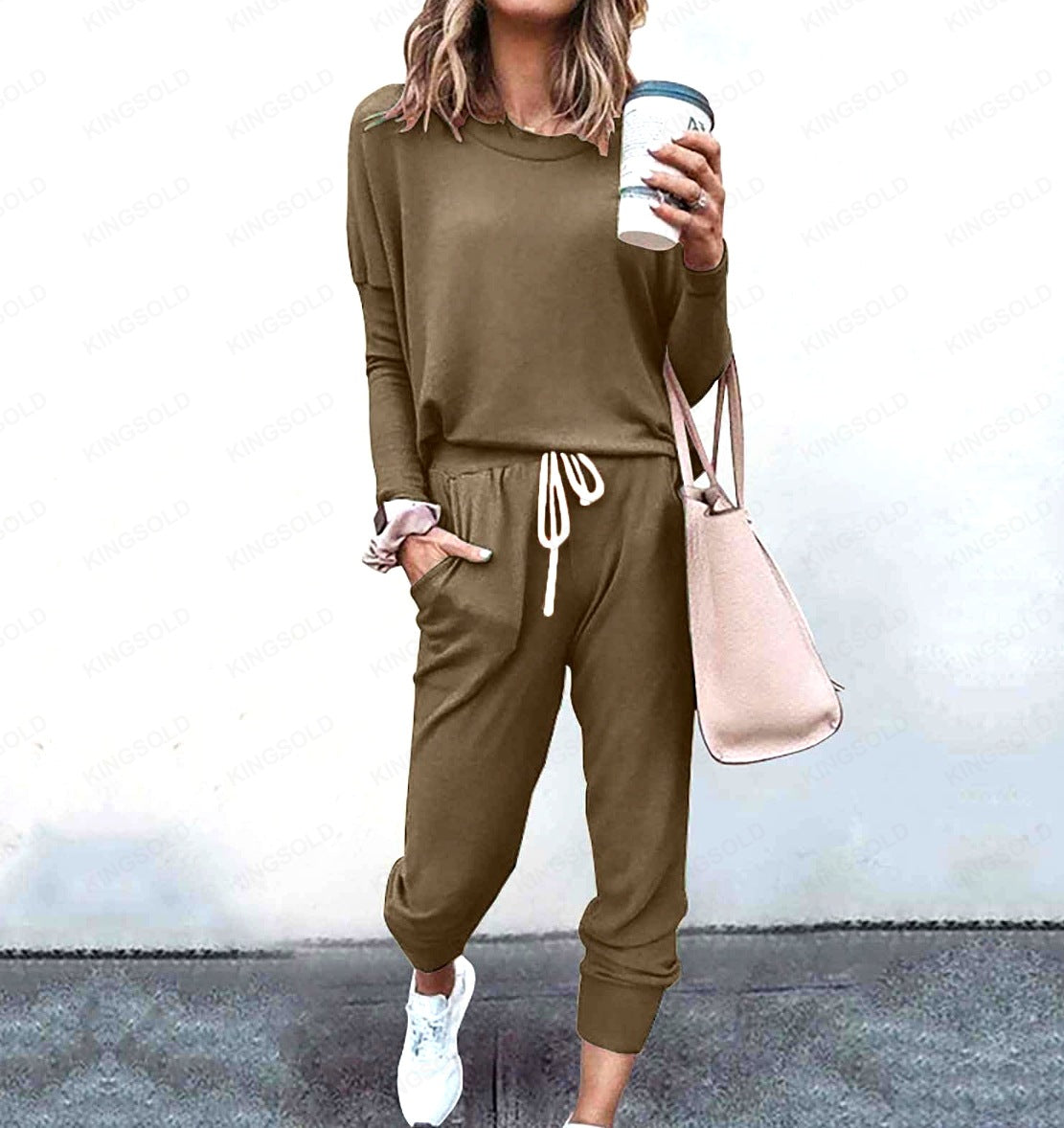 Women Loose Solid Long Sleeve Top and Pant Casual Two-piece Set 29
