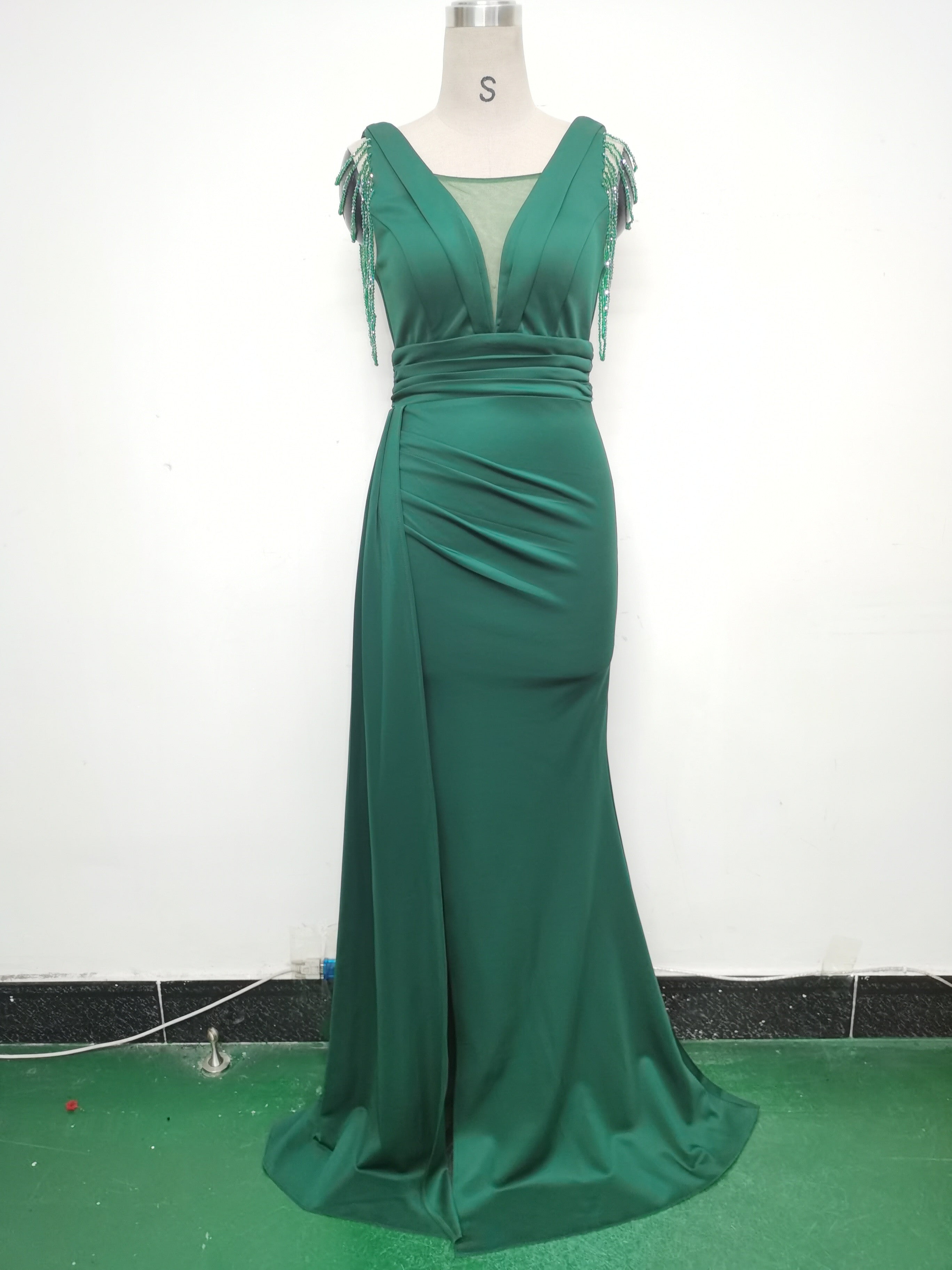 Women Satin Pleated Beaded Evening Dress 34