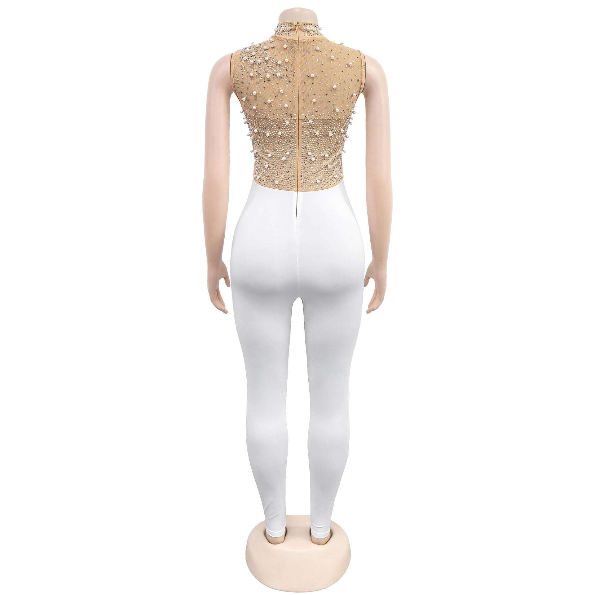 Fashionable Women's Solid Color Mesh Beaded Sleeveless Sexy Jumpsuit 10