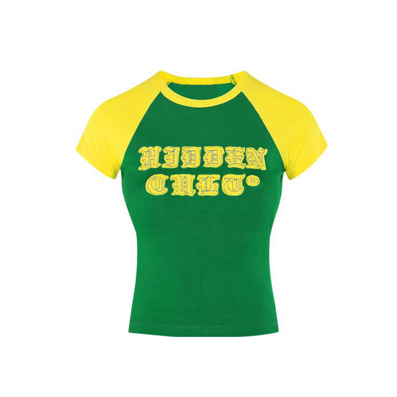 Women American style patchwork letter short-sleeved top and shorts two-piece set 15