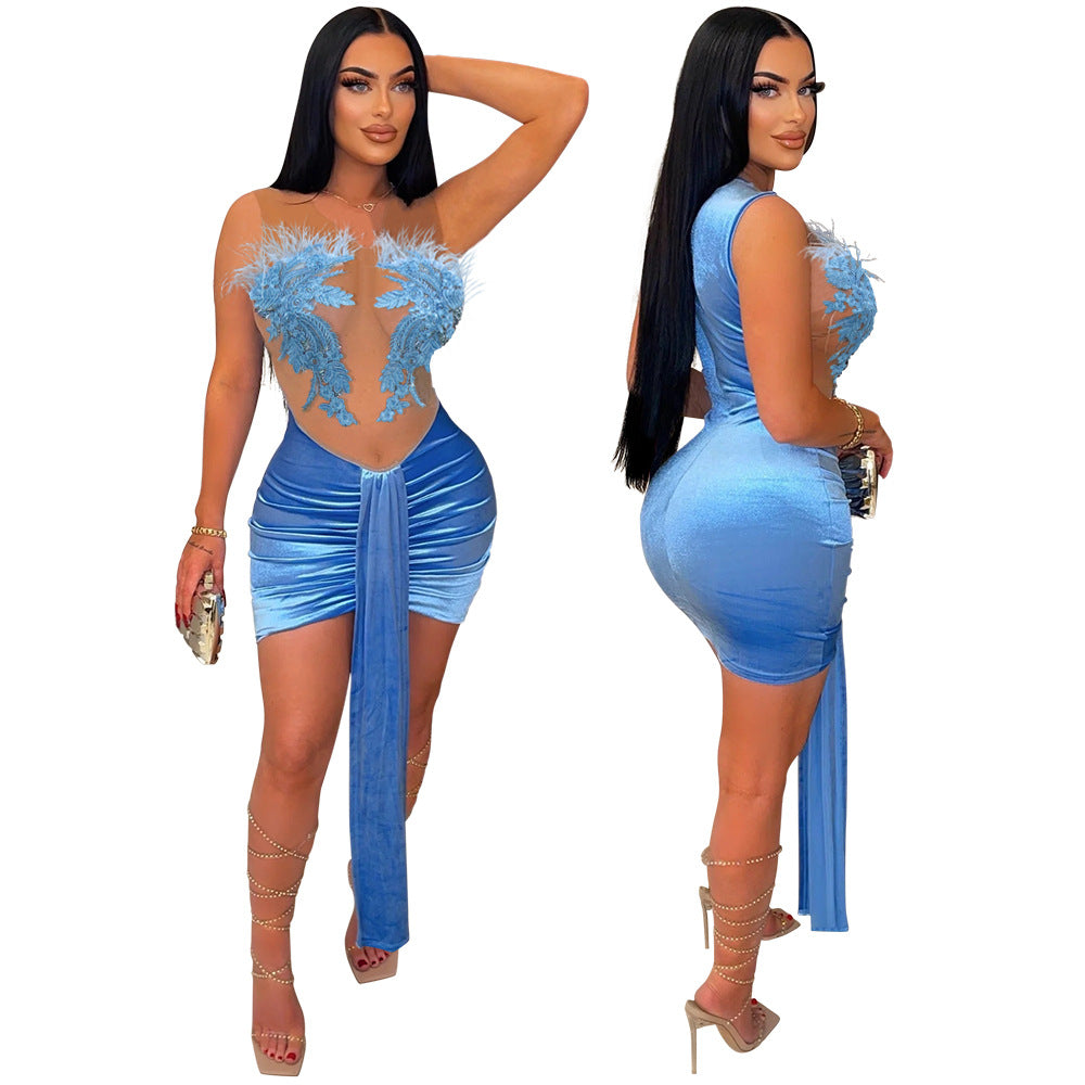 Women Sexy Strapless Dress See-Through Bodycon Party Dress 7