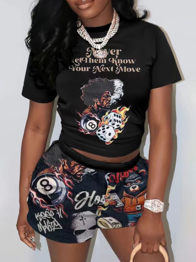 Fashion Casual Trendy Printed Short-Sleeved Two Piece Shorts Set 5